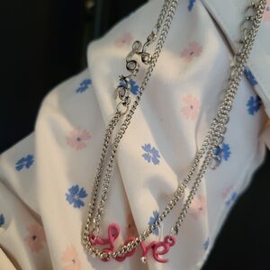 Chic Silver Tone and Pink 'Love' Double Necklace NEW! Hypoallergenic